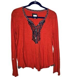 Anthropologie Postmark Henley Orange Embroidered Boho V-Neck Top Size Large